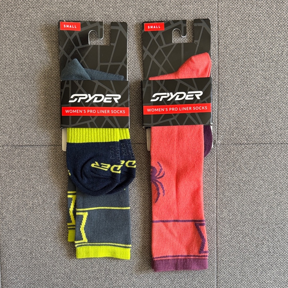2 Pack NWT Spyder Women's Pro Liner Ski Socks Grey and Coral Colors